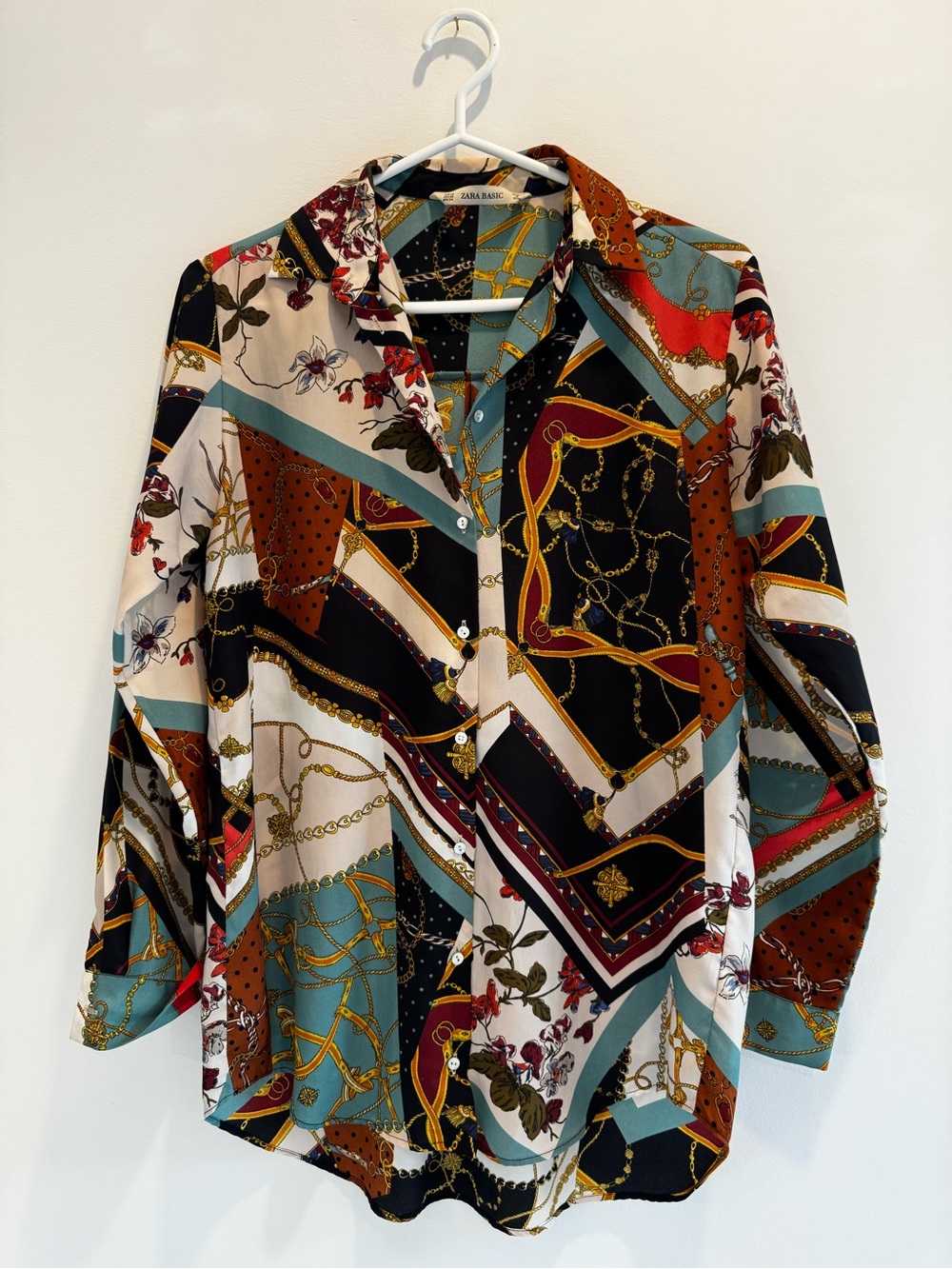 Zara Teal, Rust & Black Chain-Print Button-Down Shirt oversize fit